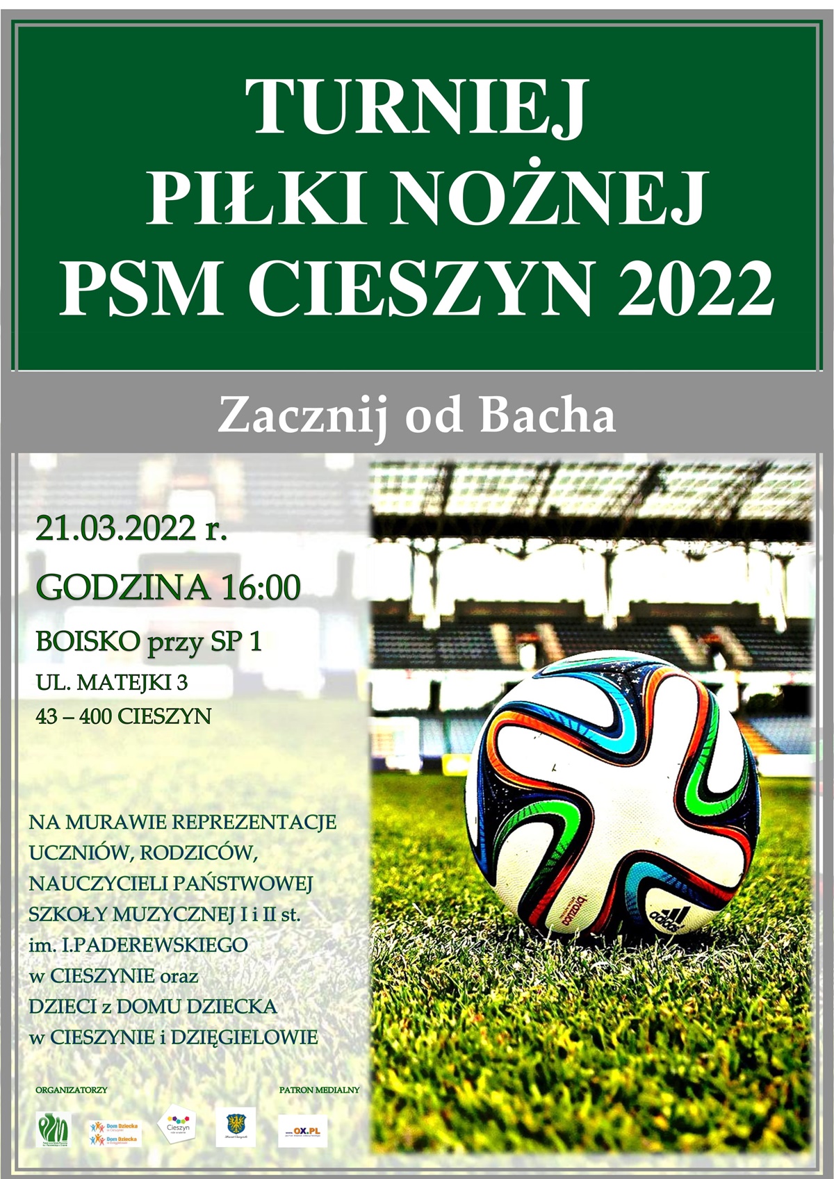 Piłka nożna ma murawie. Plakat Turnieju Piłki Nożnej
